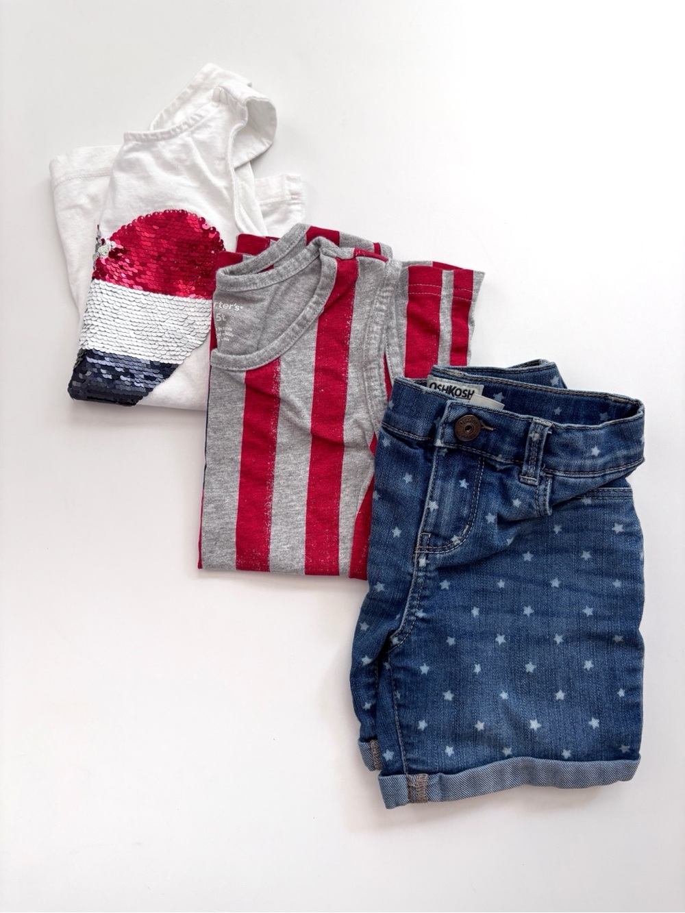 OshKosh B'gosh & Carters Star-Print Denim Shorts, Sequin Tank, Striped Tank.